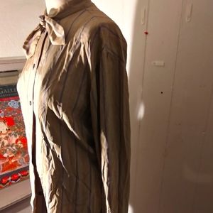 Authentic Vintage 80s 100% silk stripped secretary blouse in coffee and navy